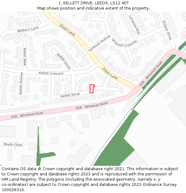 1, KELLETT DRIVE, LEEDS, LS12 4ET: Location map and indicative extent of plot