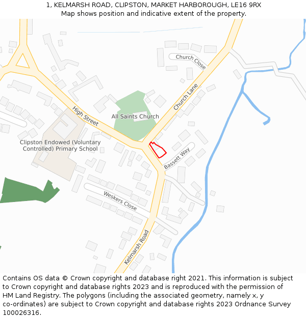 1, KELMARSH ROAD, CLIPSTON, MARKET HARBOROUGH, LE16 9RX: Location map and indicative extent of plot