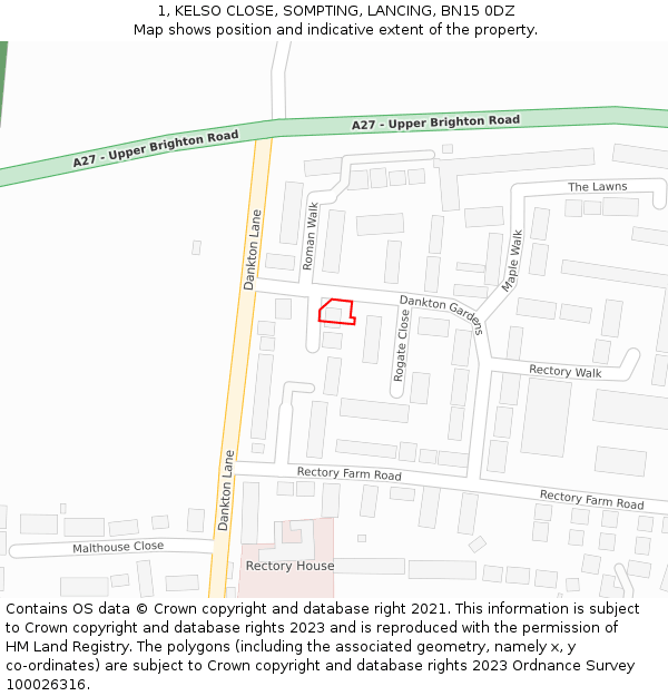 1, KELSO CLOSE, SOMPTING, LANCING, BN15 0DZ: Location map and indicative extent of plot