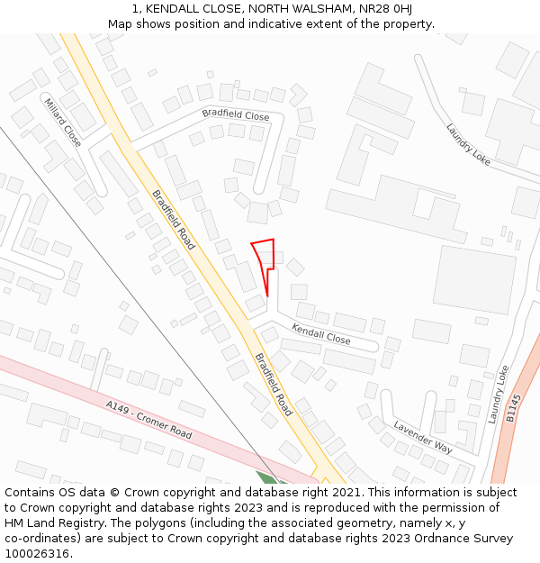 1, KENDALL CLOSE, NORTH WALSHAM, NR28 0HJ: Location map and indicative extent of plot