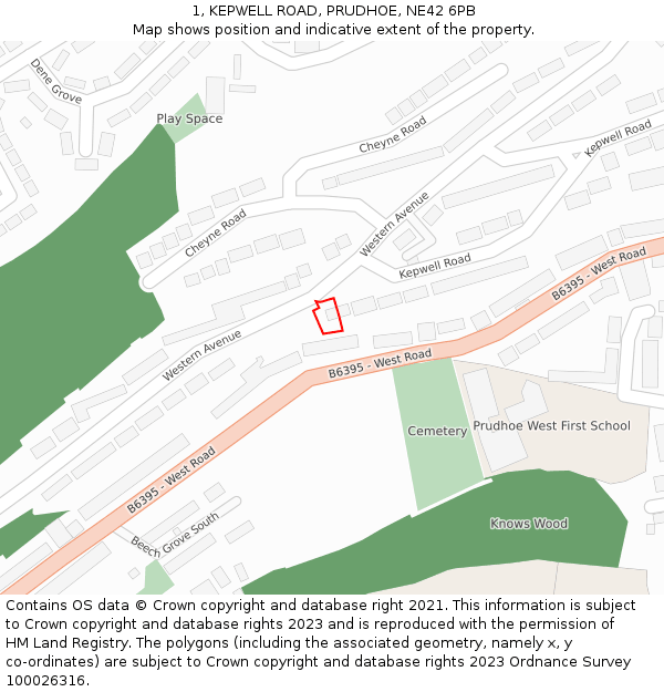 1, KEPWELL ROAD, PRUDHOE, NE42 6PB: Location map and indicative extent of plot