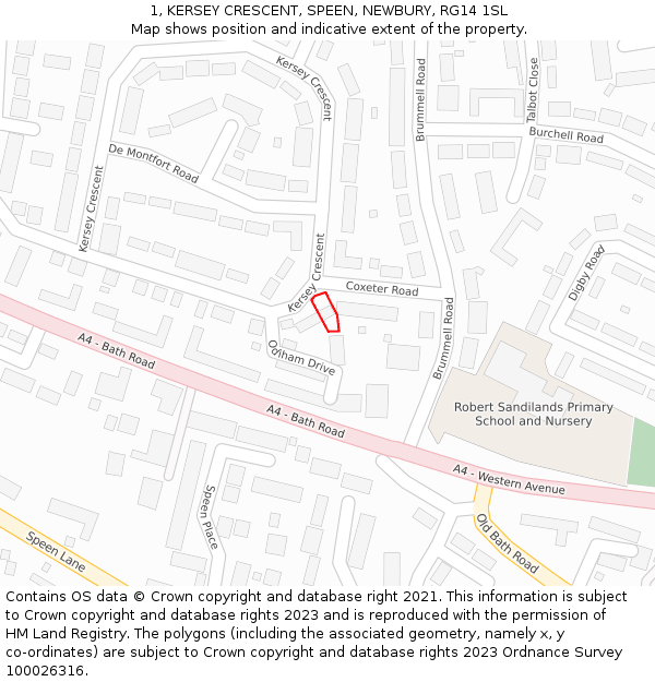 1, KERSEY CRESCENT, SPEEN, NEWBURY, RG14 1SL: Location map and indicative extent of plot