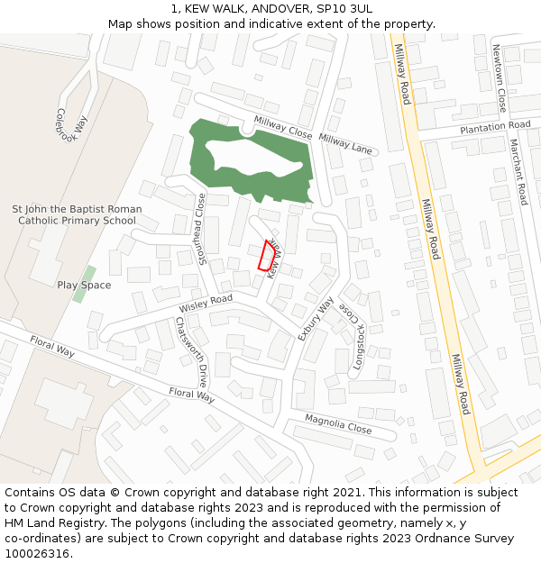 1, KEW WALK, ANDOVER, SP10 3UL: Location map and indicative extent of plot