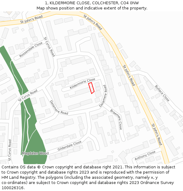 1, KILDERMORIE CLOSE, COLCHESTER, CO4 0NW: Location map and indicative extent of plot