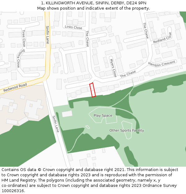 1, KILLINGWORTH AVENUE, SINFIN, DERBY, DE24 9PN: Location map and indicative extent of plot