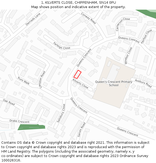 1, KILVERTS CLOSE, CHIPPENHAM, SN14 0PU: Location map and indicative extent of plot