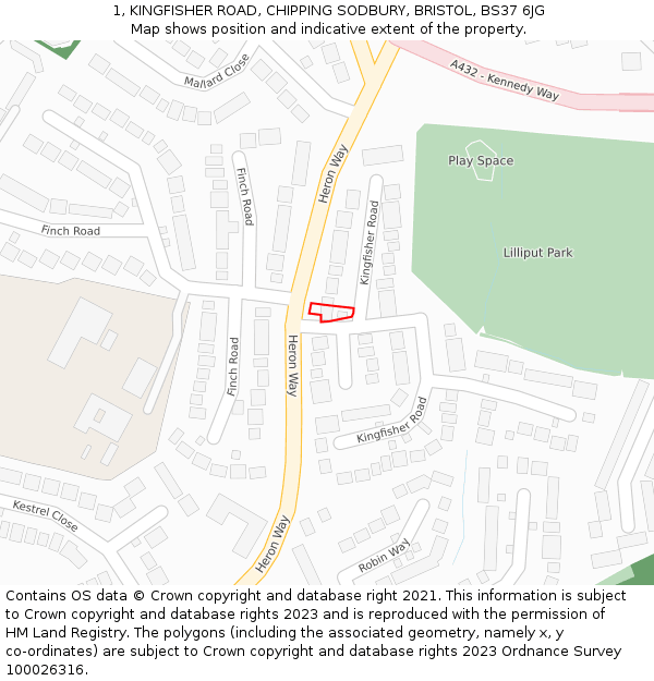 1, KINGFISHER ROAD, CHIPPING SODBURY, BRISTOL, BS37 6JG: Location map and indicative extent of plot
