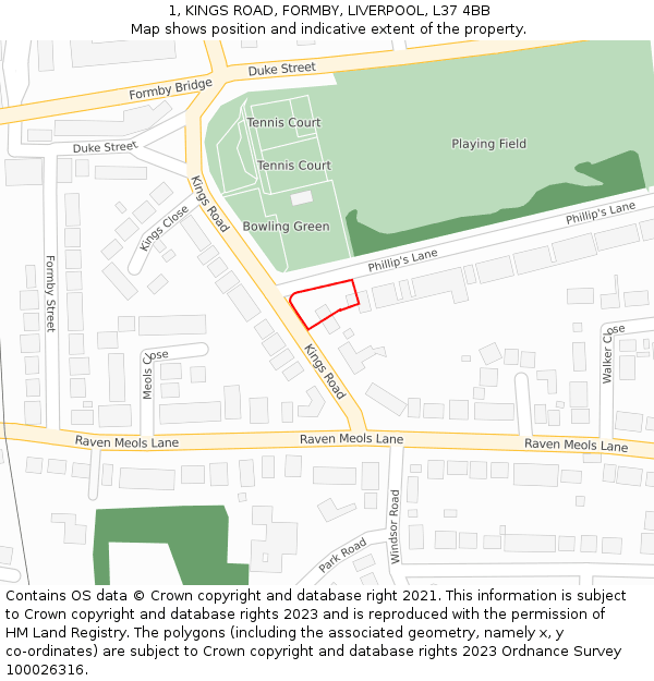 1, KINGS ROAD, FORMBY, LIVERPOOL, L37 4BB: Location map and indicative extent of plot