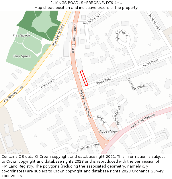 1, KINGS ROAD, SHERBORNE, DT9 4HU: Location map and indicative extent of plot