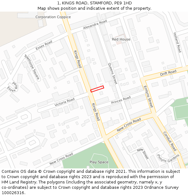 1, KINGS ROAD, STAMFORD, PE9 1HD: Location map and indicative extent of plot