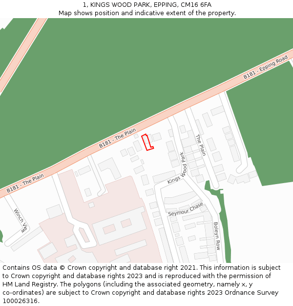 1, KINGS WOOD PARK, EPPING, CM16 6FA: Location map and indicative extent of plot