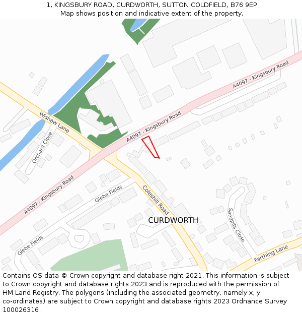 1, KINGSBURY ROAD, CURDWORTH, SUTTON COLDFIELD, B76 9EP: Location map and indicative extent of plot