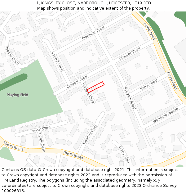 1, KINGSLEY CLOSE, NARBOROUGH, LEICESTER, LE19 3EB: Location map and indicative extent of plot