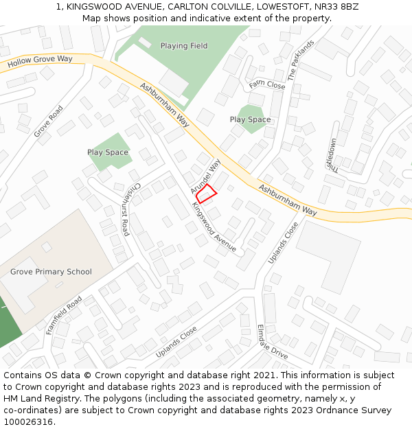 1, KINGSWOOD AVENUE, CARLTON COLVILLE, LOWESTOFT, NR33 8BZ: Location map and indicative extent of plot