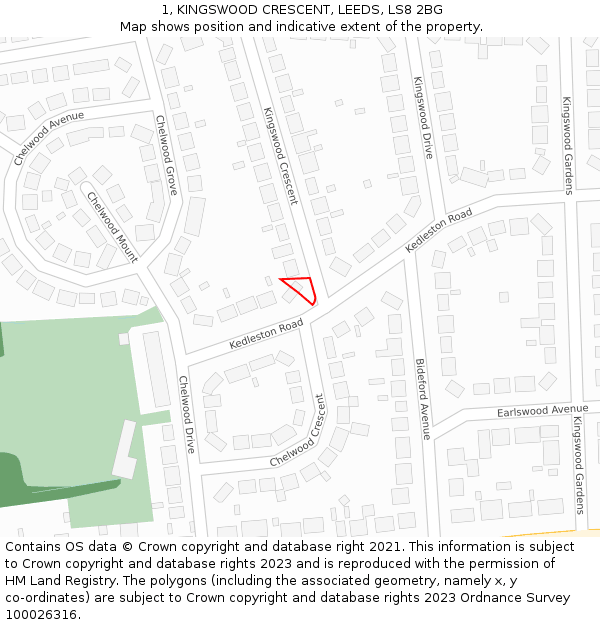 1, KINGSWOOD CRESCENT, LEEDS, LS8 2BG: Location map and indicative extent of plot