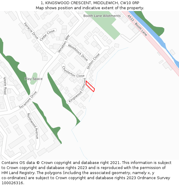 1, KINGSWOOD CRESCENT, MIDDLEWICH, CW10 0RP: Location map and indicative extent of plot