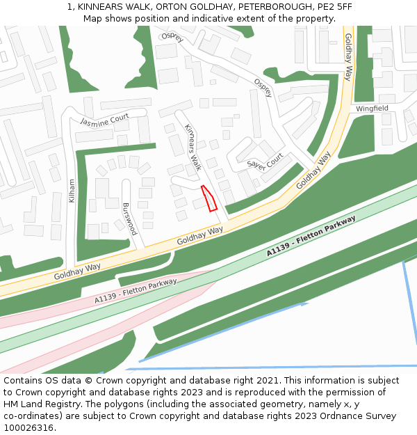1, KINNEARS WALK, ORTON GOLDHAY, PETERBOROUGH, PE2 5FF: Location map and indicative extent of plot