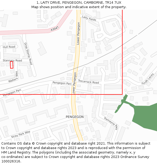1, LAITY DRIVE, PENGEGON, CAMBORNE, TR14 7UX: Location map and indicative extent of plot