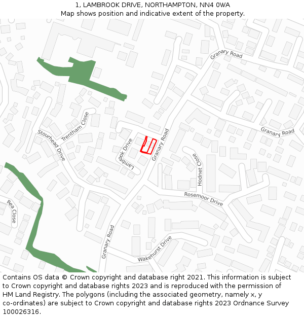 1, LAMBROOK DRIVE, NORTHAMPTON, NN4 0WA: Location map and indicative extent of plot