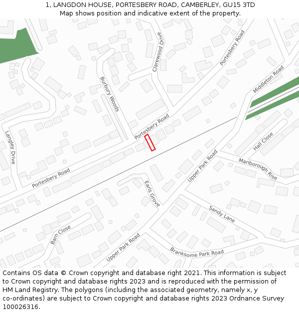 1, LANGDON HOUSE, PORTESBERY ROAD, CAMBERLEY, GU15 3TD: Location map and indicative extent of plot