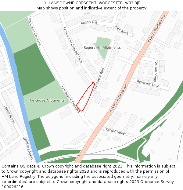 1, LANSDOWNE CRESCENT, WORCESTER, WR3 8JE: Location map and indicative extent of plot