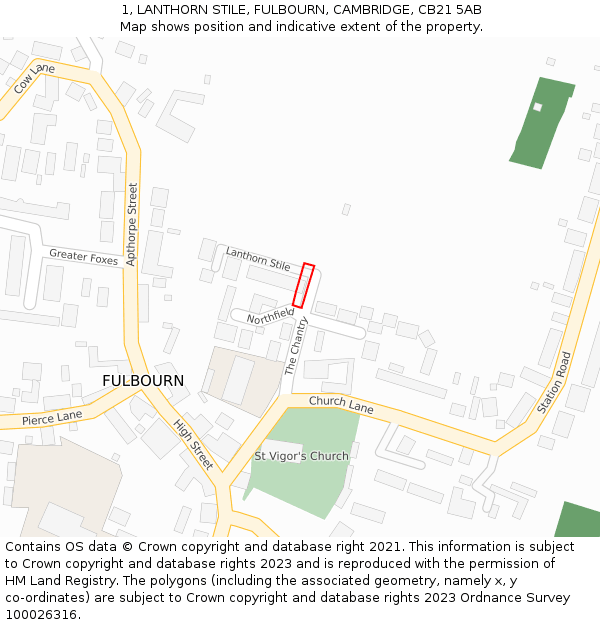 1, LANTHORN STILE, FULBOURN, CAMBRIDGE, CB21 5AB: Location map and indicative extent of plot