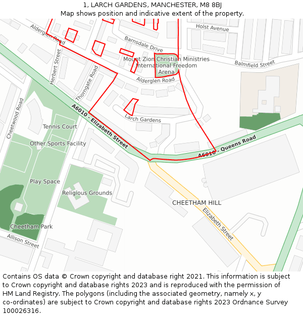 1, LARCH GARDENS, MANCHESTER, M8 8BJ: Location map and indicative extent of plot