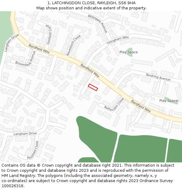 1, LATCHINGDON CLOSE, RAYLEIGH, SS6 9HA: Location map and indicative extent of plot