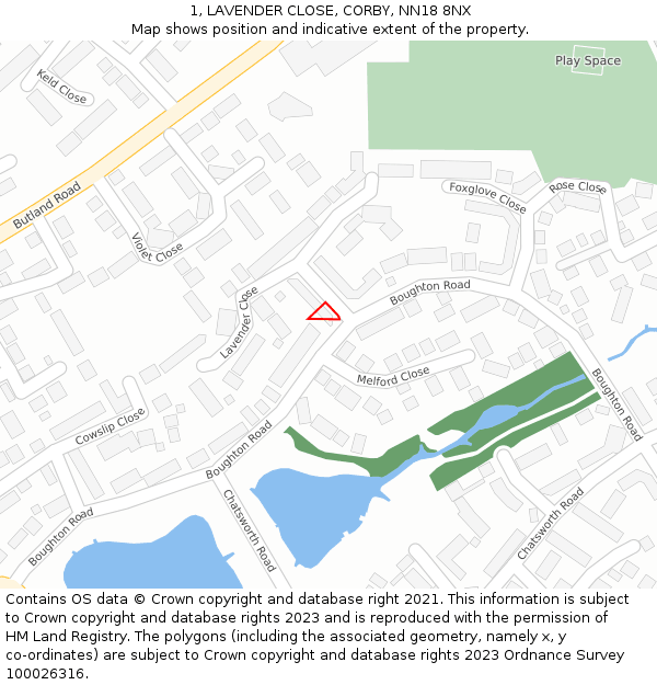 1, LAVENDER CLOSE, CORBY, NN18 8NX: Location map and indicative extent of plot