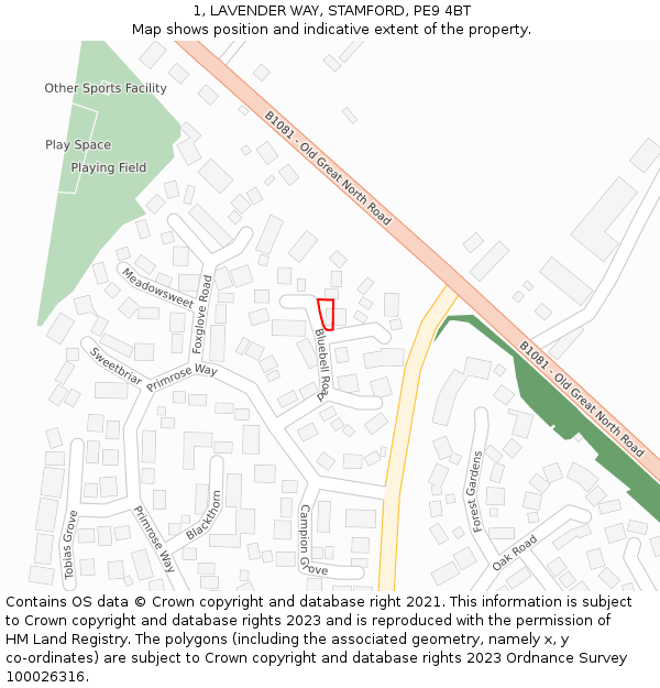 1, LAVENDER WAY, STAMFORD, PE9 4BT: Location map and indicative extent of plot