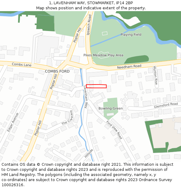 1, LAVENHAM WAY, STOWMARKET, IP14 2BP: Location map and indicative extent of plot