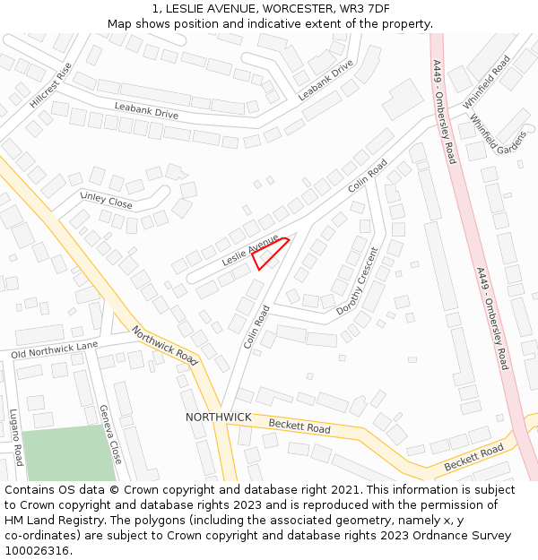 1, LESLIE AVENUE, WORCESTER, WR3 7DF: Location map and indicative extent of plot
