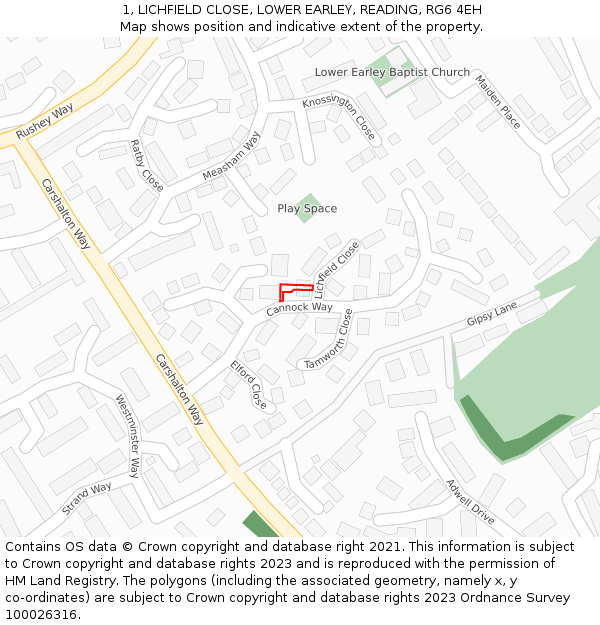1, LICHFIELD CLOSE, LOWER EARLEY, READING, RG6 4EH: Location map and indicative extent of plot