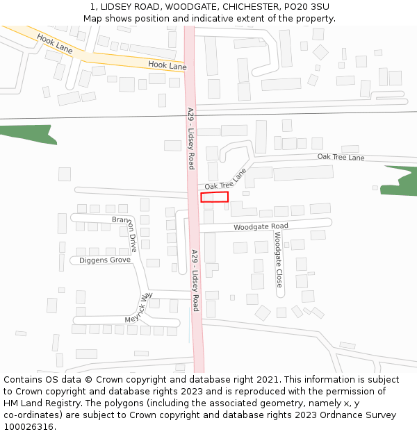 1, LIDSEY ROAD, WOODGATE, CHICHESTER, PO20 3SU: Location map and indicative extent of plot