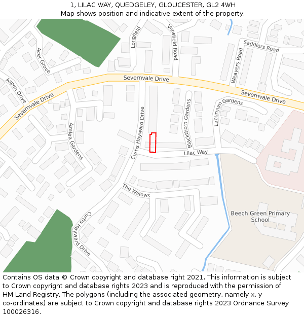 1, LILAC WAY, QUEDGELEY, GLOUCESTER, GL2 4WH: Location map and indicative extent of plot