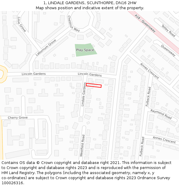 1, LINDALE GARDENS, SCUNTHORPE, DN16 2HW: Location map and indicative extent of plot