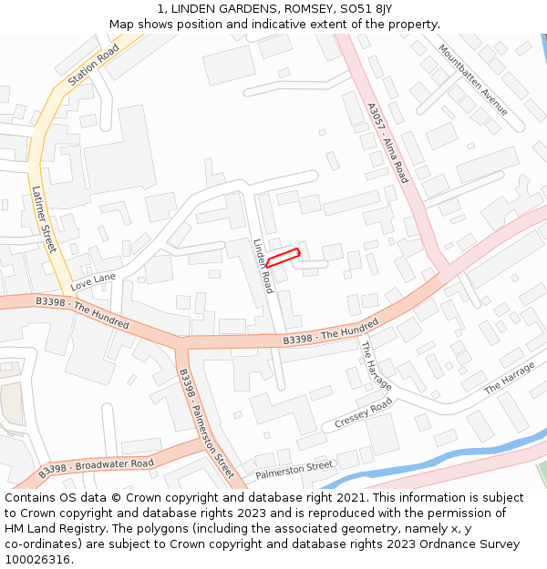 1, LINDEN GARDENS, ROMSEY, SO51 8JY: Location map and indicative extent of plot