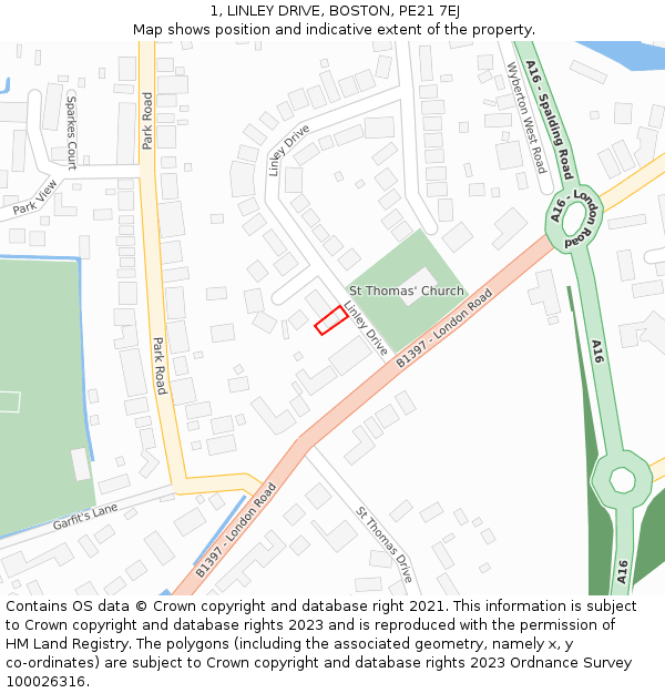 1, LINLEY DRIVE, BOSTON, PE21 7EJ: Location map and indicative extent of plot
