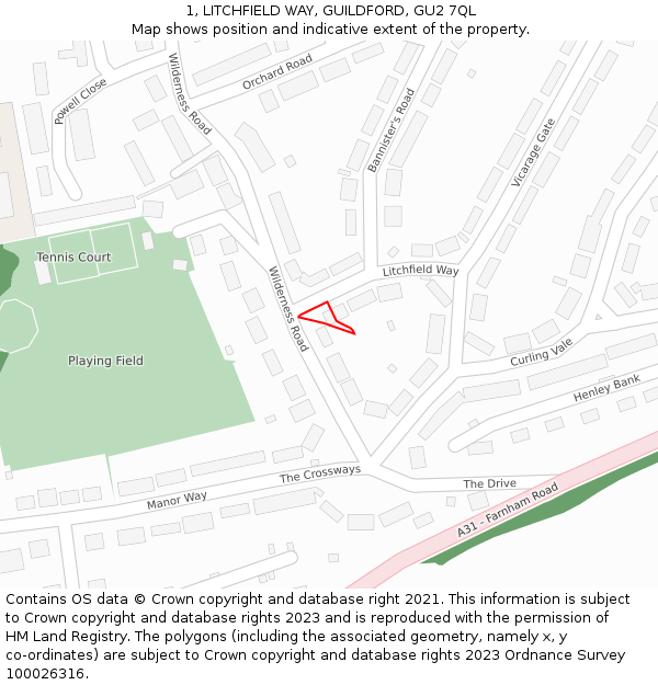 1, LITCHFIELD WAY, GUILDFORD, GU2 7QL: Location map and indicative extent of plot