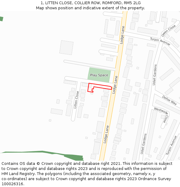 1, LITTEN CLOSE, COLLIER ROW, ROMFORD, RM5 2LG: Location map and indicative extent of plot