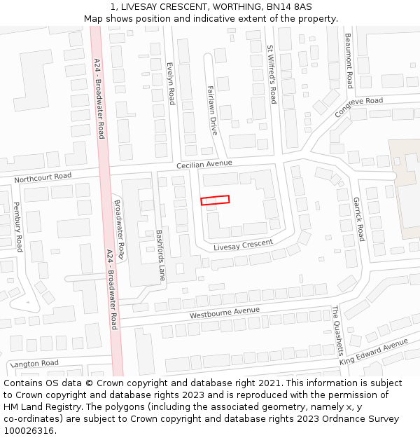 1, LIVESAY CRESCENT, WORTHING, BN14 8AS: Location map and indicative extent of plot
