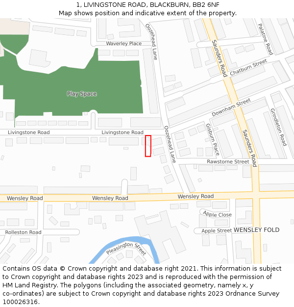 1, LIVINGSTONE ROAD, BLACKBURN, BB2 6NF: Location map and indicative extent of plot