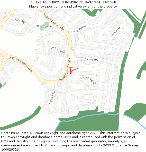1, LLYS AEL Y BRYN, BIRCHGROVE, SWANSEA, SA7 0HB: Location map and indicative extent of plot