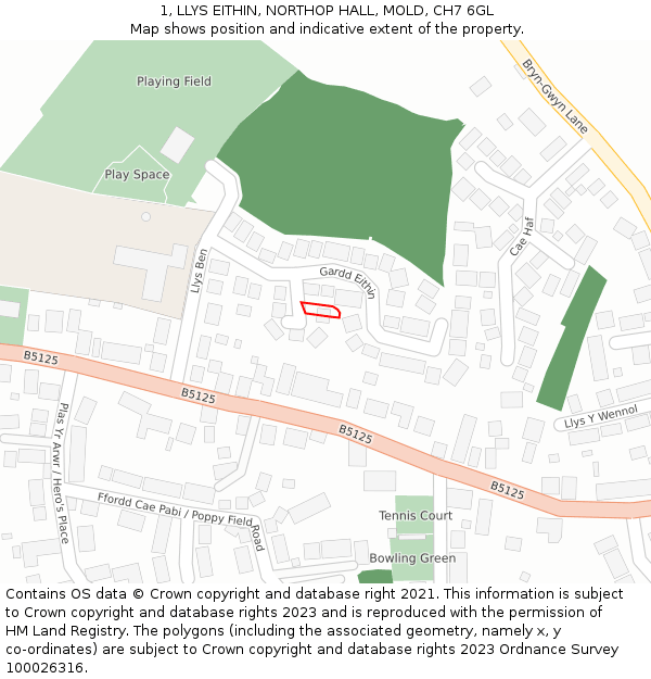 1, LLYS EITHIN, NORTHOP HALL, MOLD, CH7 6GL: Location map and indicative extent of plot
