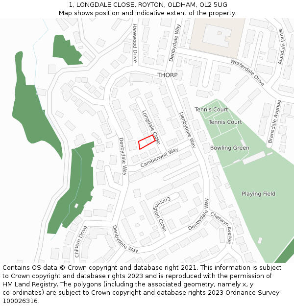 1, LONGDALE CLOSE, ROYTON, OLDHAM, OL2 5UG: Location map and indicative extent of plot