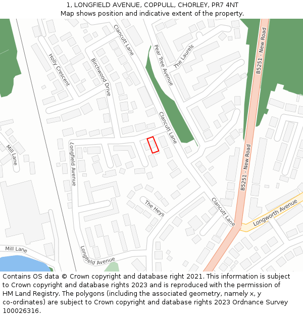 1, LONGFIELD AVENUE, COPPULL, CHORLEY, PR7 4NT: Location map and indicative extent of plot