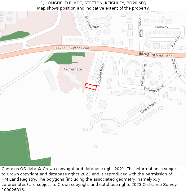 1, LONGFIELD PLACE, STEETON, KEIGHLEY, BD20 6FQ: Location map and indicative extent of plot