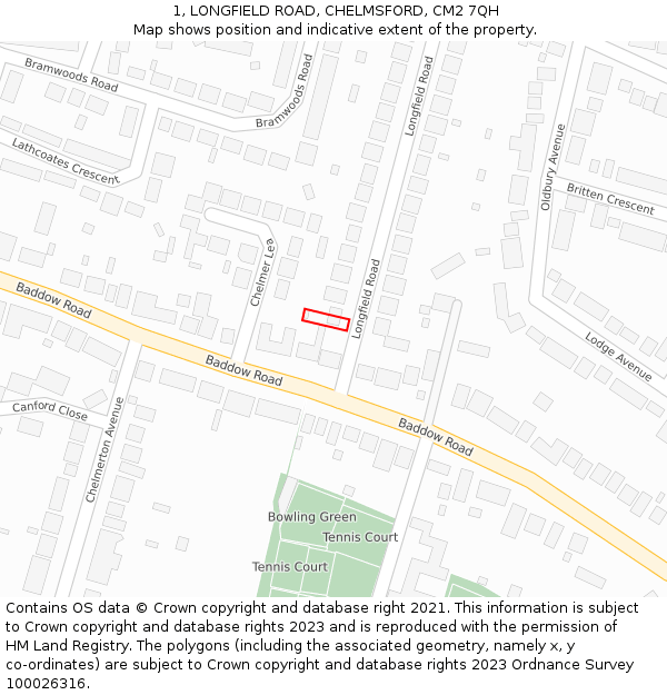 1, LONGFIELD ROAD, CHELMSFORD, CM2 7QH: Location map and indicative extent of plot