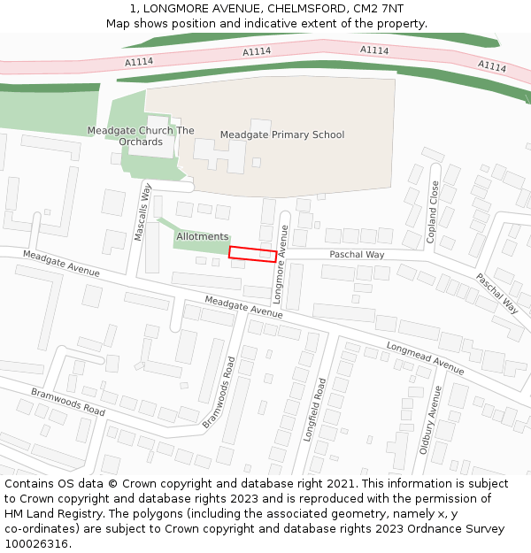 1, LONGMORE AVENUE, CHELMSFORD, CM2 7NT: Location map and indicative extent of plot