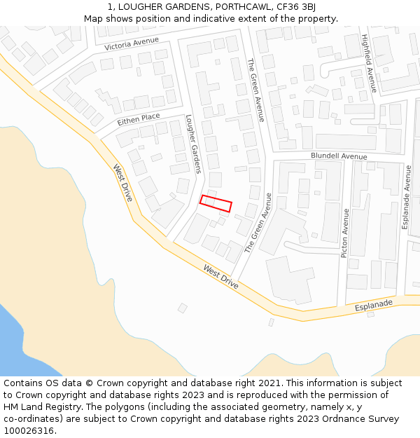 1, LOUGHER GARDENS, PORTHCAWL, CF36 3BJ: Location map and indicative extent of plot